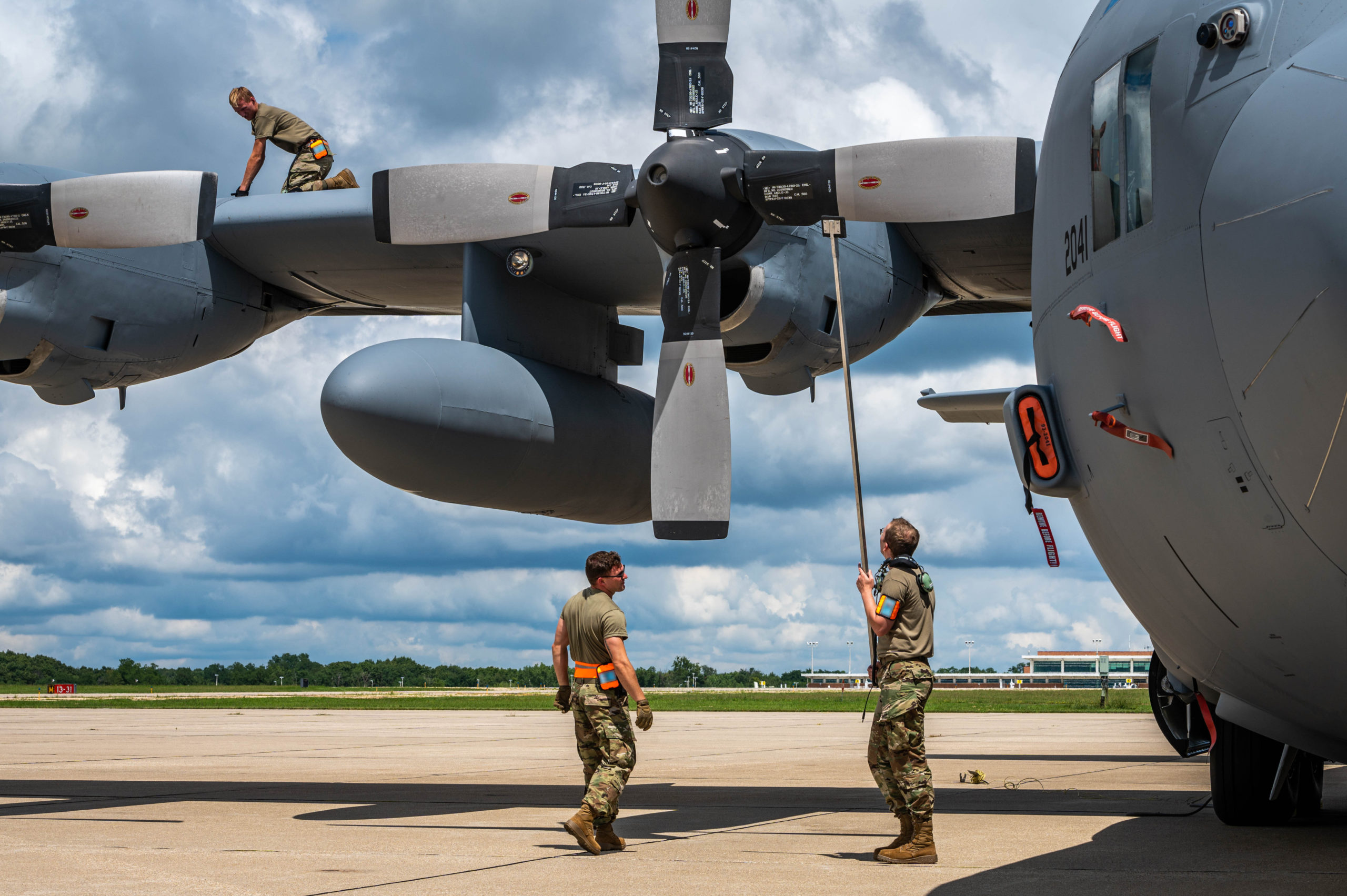 182nd Aircraft Maintenance Squadron maintainers working on C 130 Hercules aircraft Aug  14, 2022